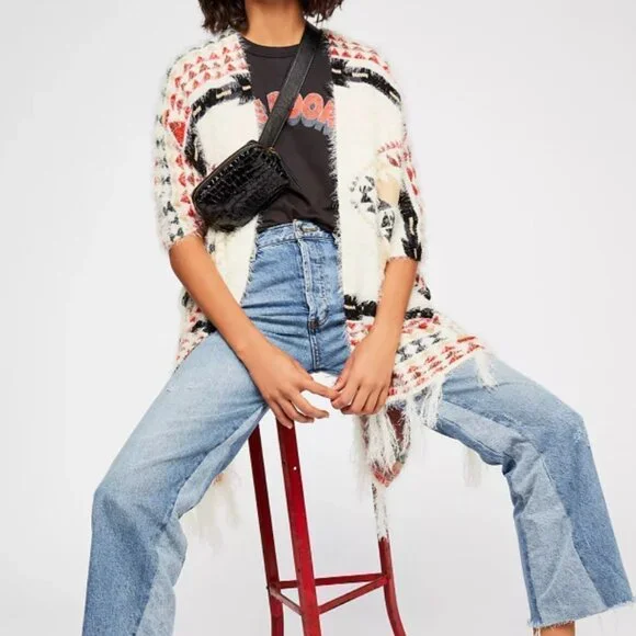 Free People fuzzy Canyonland Kimono with fringe Ivory Combo, One Size - Picture 4 of 8